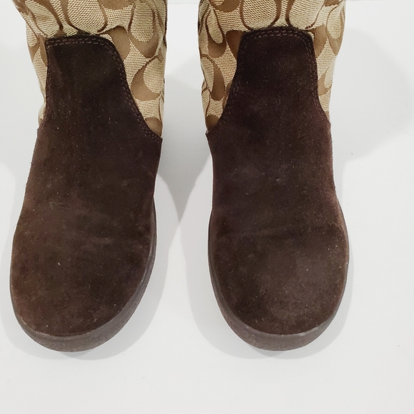 Coach Tinah Brown Leather "C" Logo Pattern Canvas Mid Calf Pull On Boots Size 5B - Picture 13 of 16